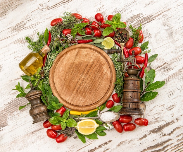 Drewniany stół z daniem i składnikami